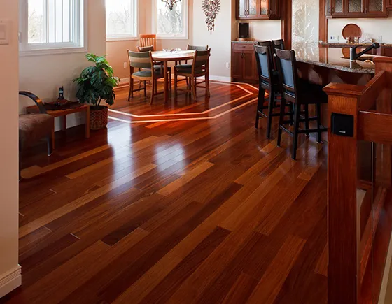 Beautifully installed laminate flooring in a dining room in Blue Springs, MO.